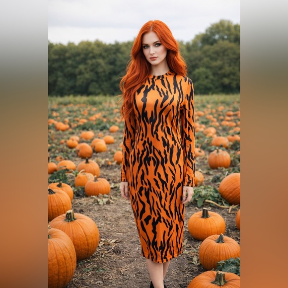 SHEIN Dresses & Skirts - SHEIN sz LG long sleeve tiger print midi dress stretchy Halloween costume